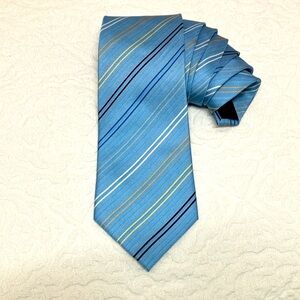 Vintage Sears silk tie, classic diagonal pin stripes, blue, yellow, white, black